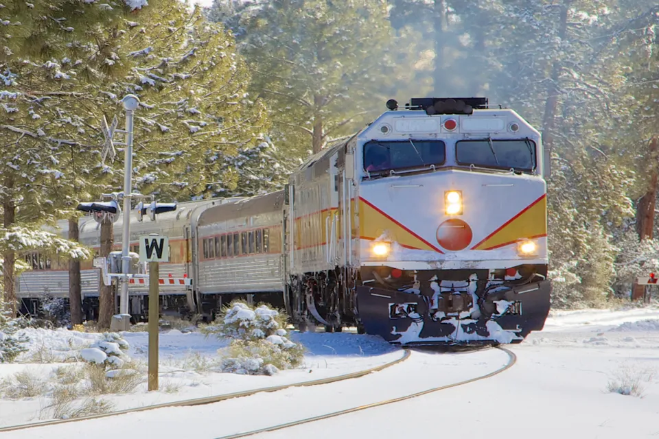 Train passing through a snowy landscape.